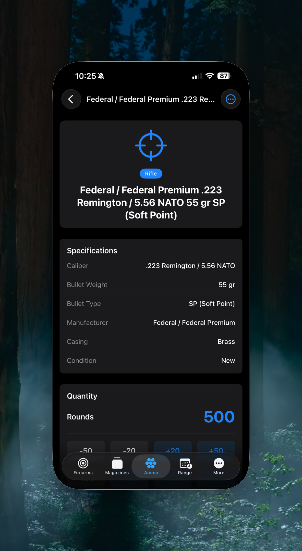 iPhone — Ammunition detail with caliber, bullet weight, ballistic data, and quantity